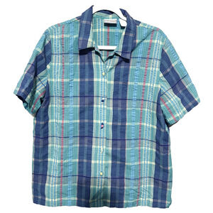Napa Valley Seersucker Button Up Shirt Parrot buttons colorful boxy camp sz L